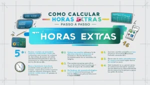 Imagem explicativa com passo a passo para calcular horas extras, mostrando gráficos, fórmulas e exemplos de cálculos.